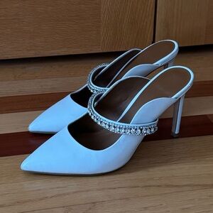 Kurt Geiger London Duke White Mule Heels with Rhinestone Strap